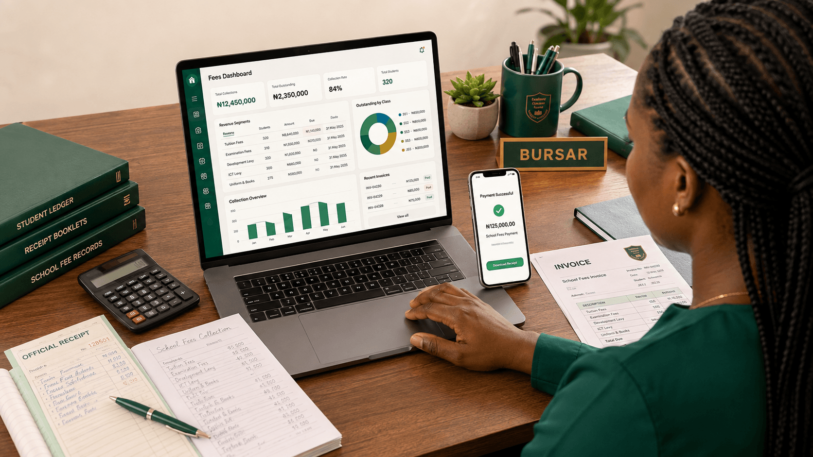 Nigerian school bursar using school fees management software to track payments and outstanding balances