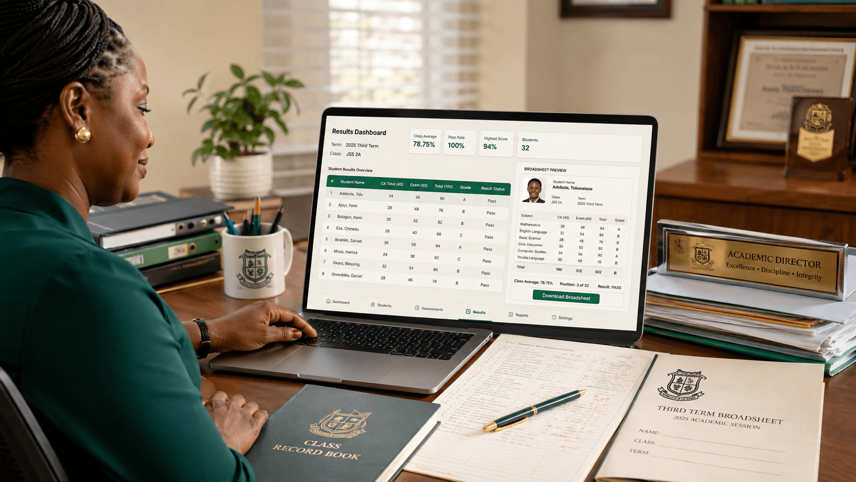 Nigerian school academic director using result management software to review student scores and broadsheets