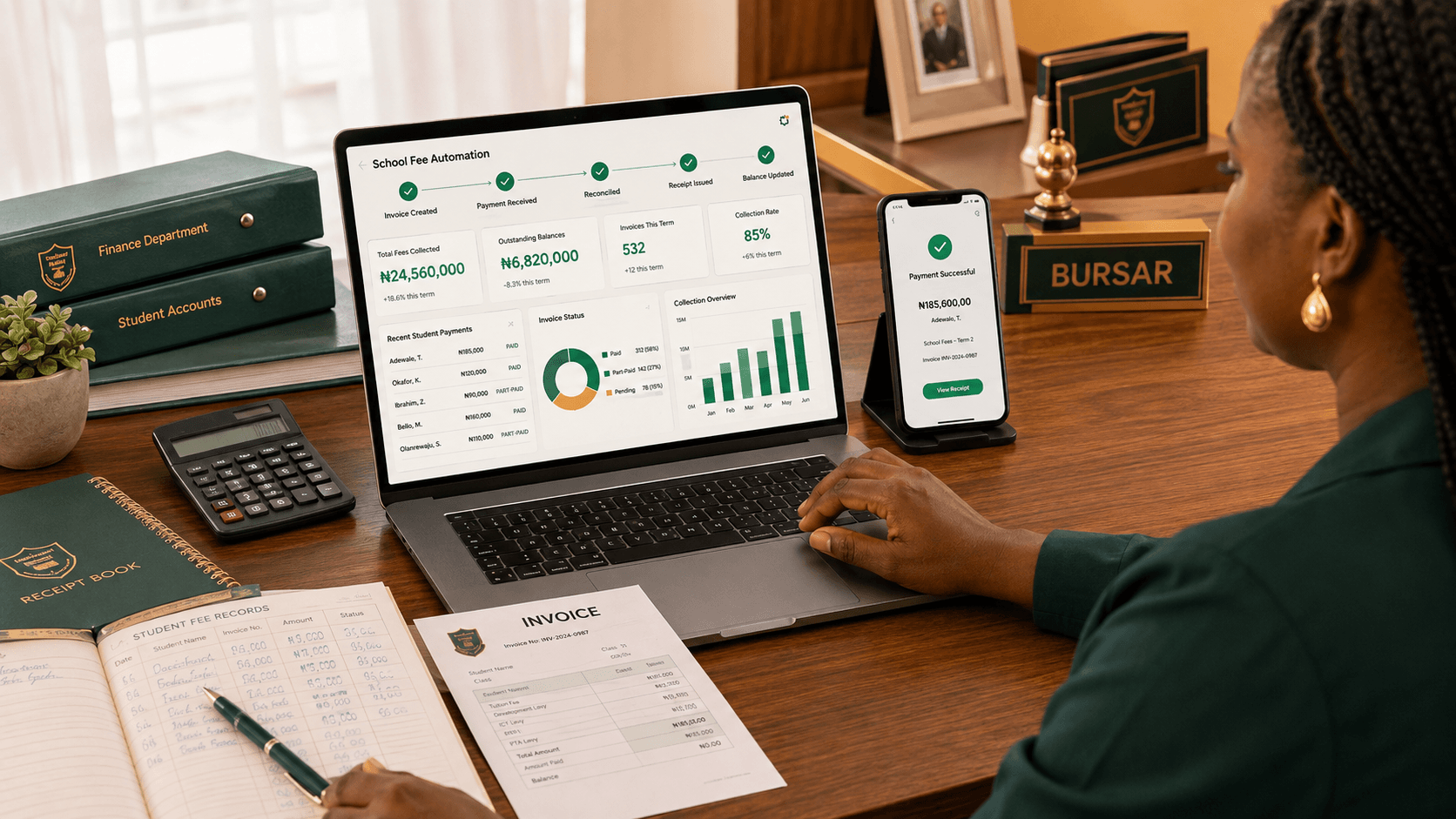 Nigerian school bursar using automated school fee collection software to reconcile payments and update balances