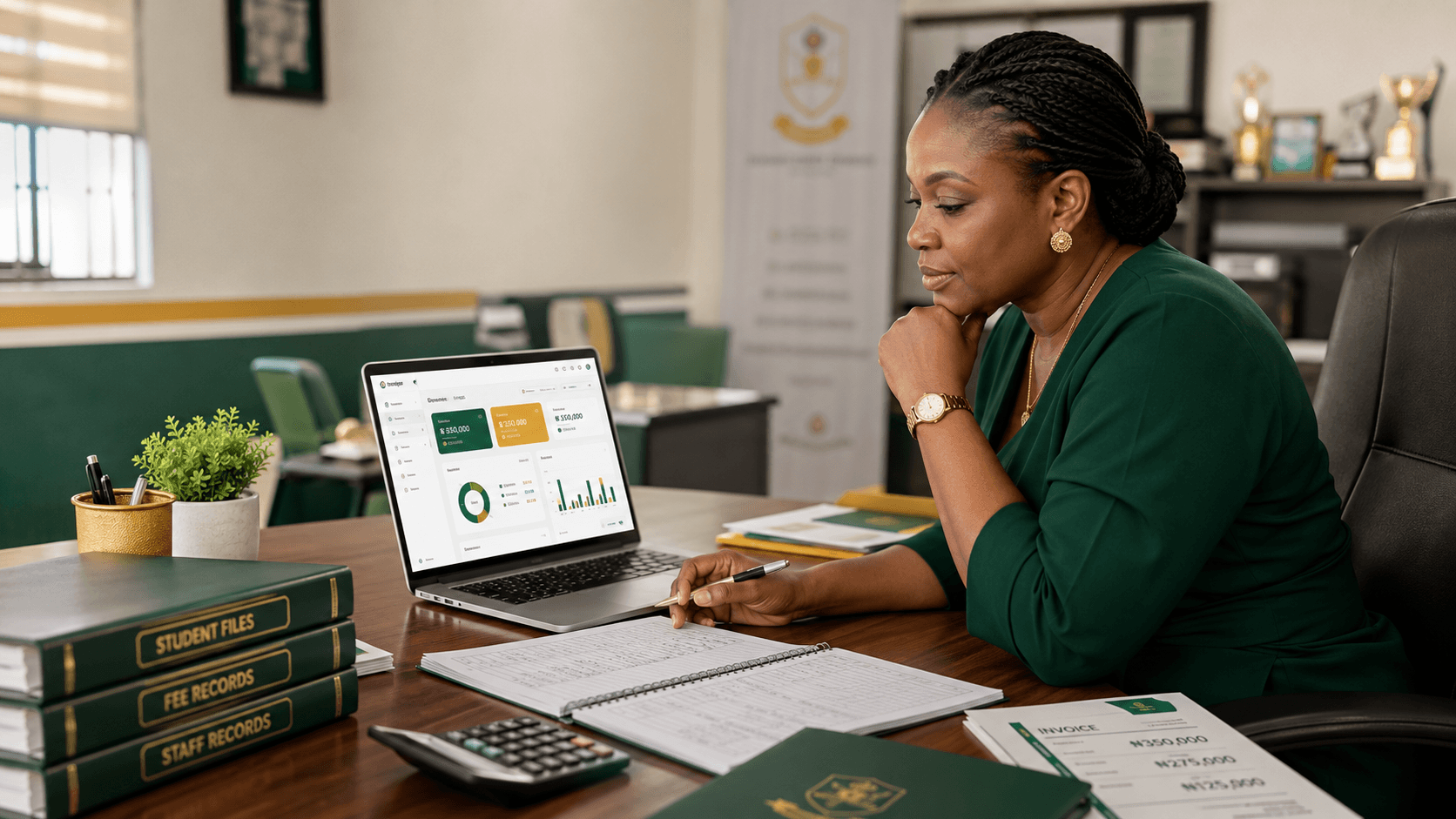 Nigerian school administrator reviewing school management software pricing and fee records